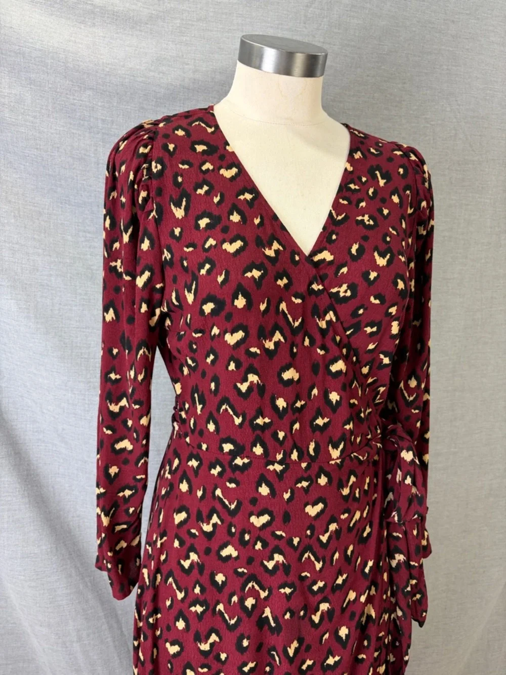 Cleobella Burgundy Leopard Print Wrap‎ Midi Dress 3/4 Sleeve Boho M